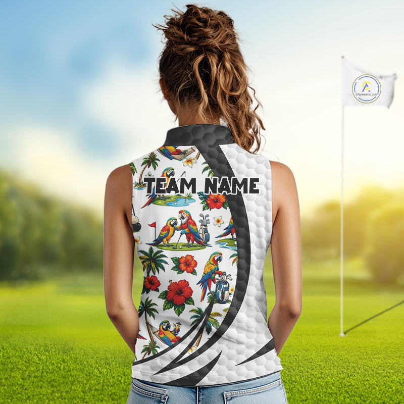 Tropical White And Black Golf Ball Sleeveless Polo Golf Shirts For Women Custom Parrot Golf Attire NYN3175