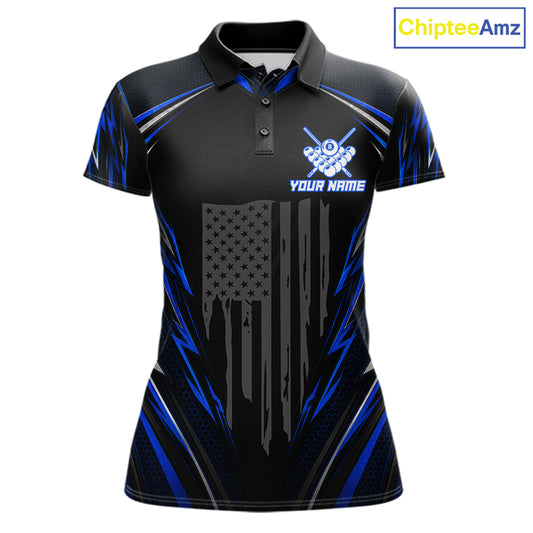 Women's patriotic billiard polo with black blue US flag and illuminated 8 ball artwork, custom performance jersey for league play, Memorial Day tournaments and Independence Day events.
