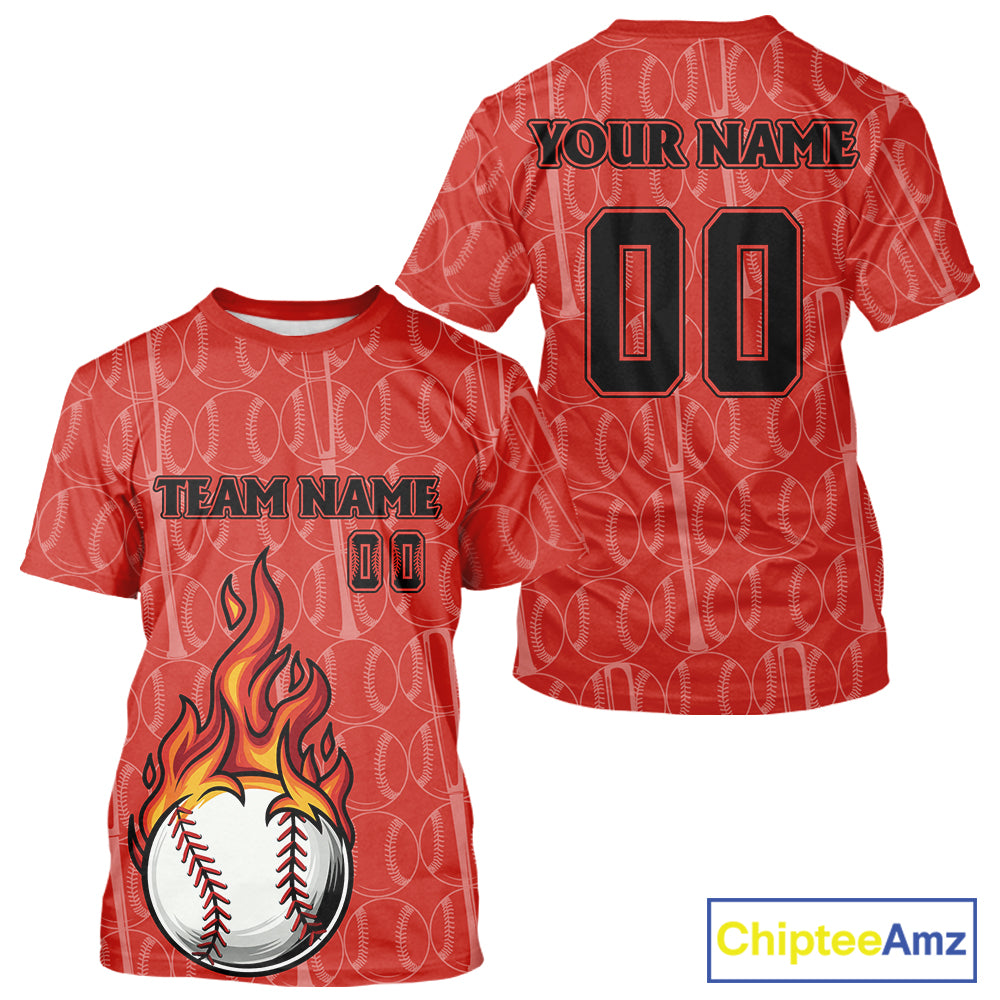 Custom Red Flames Baseball Ball T-Shirt For Men Personalized Youth Baseball Shirt NYN0899