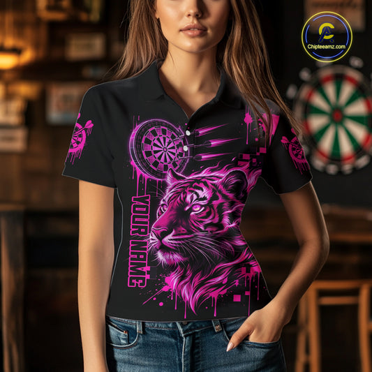 Pink Neon Tiger Lightning Dartboard Women Dart Polo Shirts Custom Name & Team Dart Jerseys NYN2098