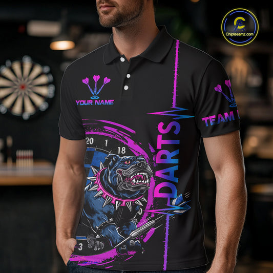 Custom Blue And Pink Darts Funny Bulldog Dart Shirts Polo For Men Dart League Jerseys NYN2108