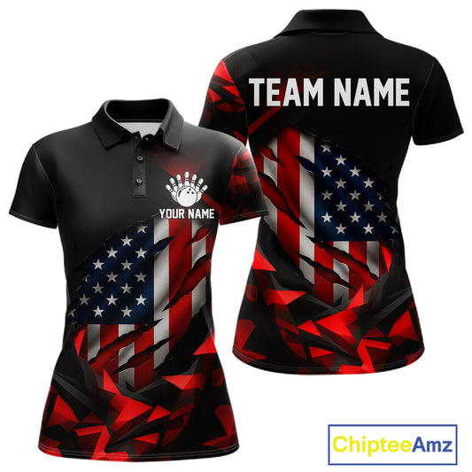 Custom Red And Black Geometric Bowling Shirt For Women US Flag Patriotic Bowling Tournament Jersey NYN4723