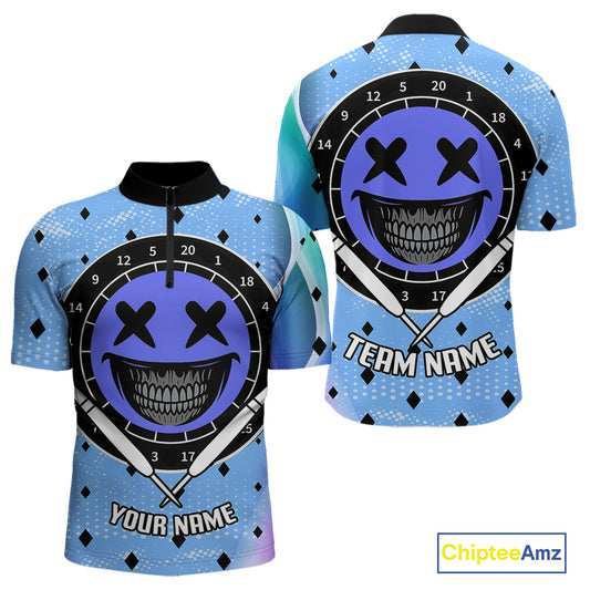Smile Face Dartboard Custom Funny Blue Dart Shirts For Men, Dart Team Jerseys NYN0084
