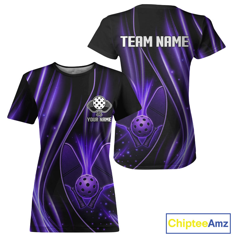 Purple Black Lightning Pickleball Ball And Paddle Shirt For Women Custom Team Clothing