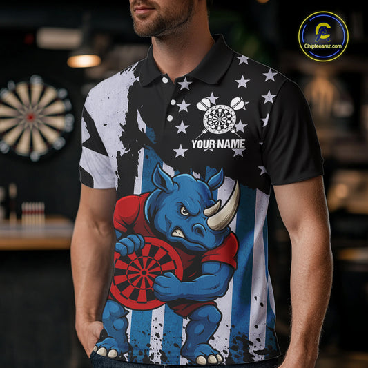 Custom Blue Red Rhino Dartboard Funny Dart Men Polo Shirt US Flag Dart Jerseys NYN1568