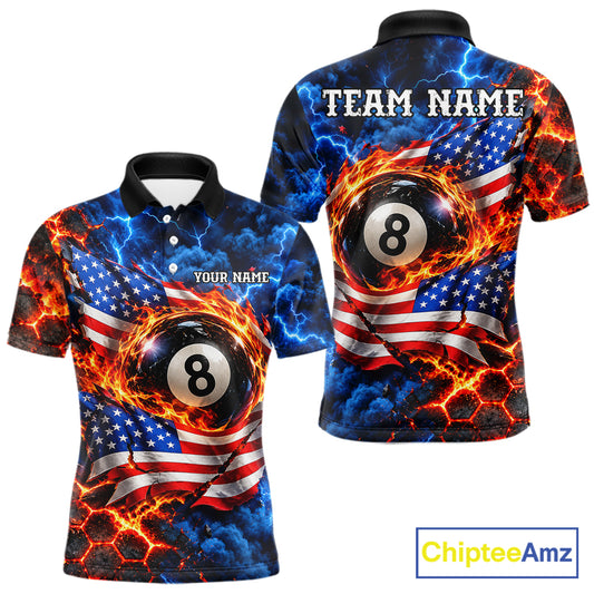 Flaming 8 Ball US Flag Billiard Shirt For Men Custom Lightning Billiard Pool Shirt For Pool Lovers NYN4741