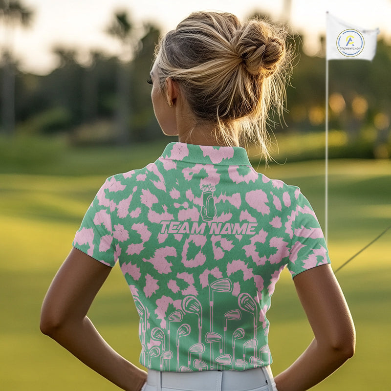 Womens Leopard Pattern Golf Polo Shirts Custom Green Pink Golf Clubs Pattern Attire, Golf Upf Shirts NYN3000