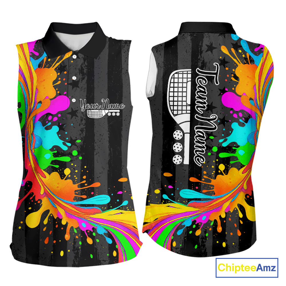 Personalized US Flag Colorful Splashed Pickleball Sleeveless Polo Shirts For Women , Patriotic Pickleball Gifts NYN2786