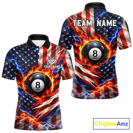 Torn American Flag Mens Billiard Polo 1/4-Zip Shirt Personalized 8 Ball Fire Billiard Team Apparel NYN4767