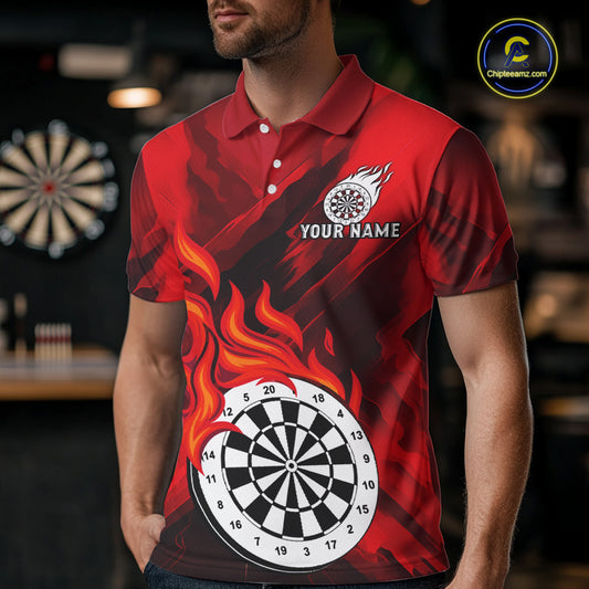 Custom Red Flaming White Dartboard Dart Polo Shirt For Men Outfits Dart Jerseys NYN1609