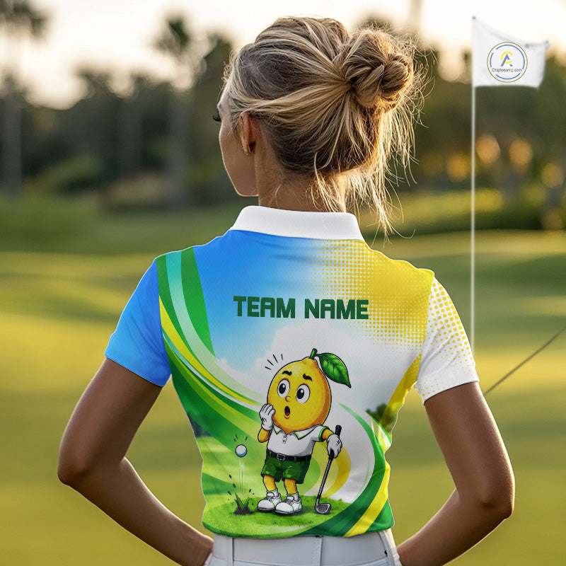 Woman wearing funny lemon golf polo shirt during golf tournament