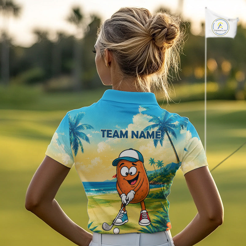 Woman wearing funny potato golf polo shirt during golf tournament