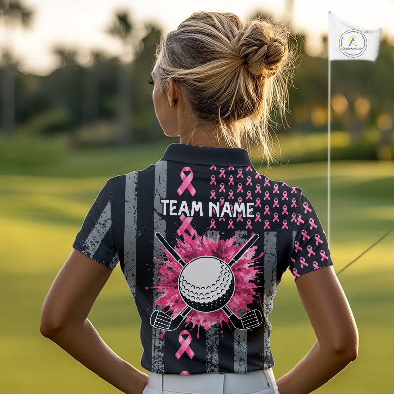 Custom Black Grunge US Flag Pink Ribbon Golf Polo Shirts For Women Breast Cancer Golf Shirts NYN4078