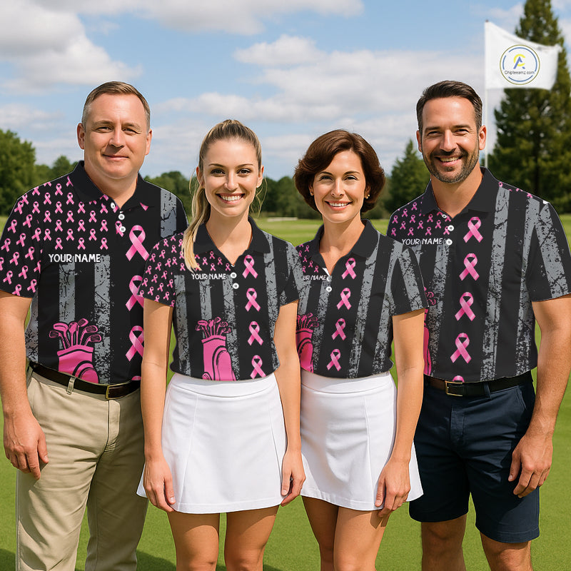 Custom Black Grunge US Flag Pink Ribbon Golf Polo Shirts For Men Breast Cancer Golf Shirts NYN4078