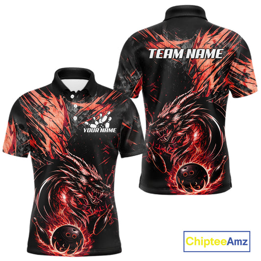 Black And Red Flames Dragon Bowling Polo 1/4 Zip Shirt For Men Custom Dragon Bowling Team Jersey NYN4129