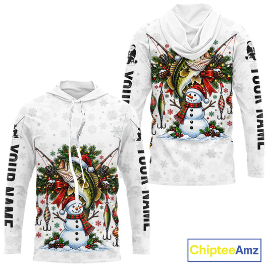 Custom Christmas Bass Fishing Shirt Snowman Fishing Rod Long Sleeve Apparel Xmas Gift For Fishermen NYN4880