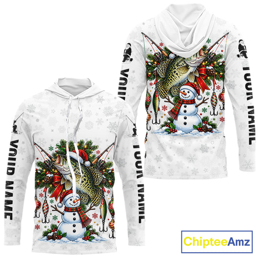Custom Christmas Crappie Fishing Shirt Snowman Fishing Rod Long Sleeve Apparel Xmas Gift For Fishermen NYN4881