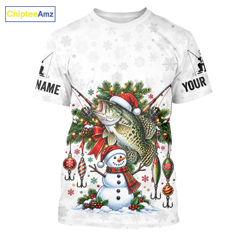 Custom Christmas Crappie Fishing Shirt Snowman Fishing Rod Long Sleeve Apparel Xmas Gift For Fishermen NYN4881