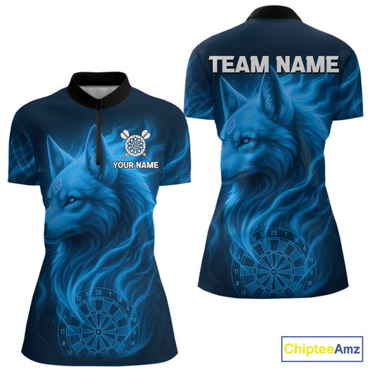 Blue Flaming Wolf Dartboard Darts Shirt For Women - Custom Team Jersey For Players NYN0575
