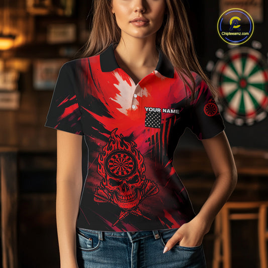 Custom Red Grunge Skull Dartboard Patriotic Dart Women Polo Jerseys US Flag Dart Shirt NYN1714