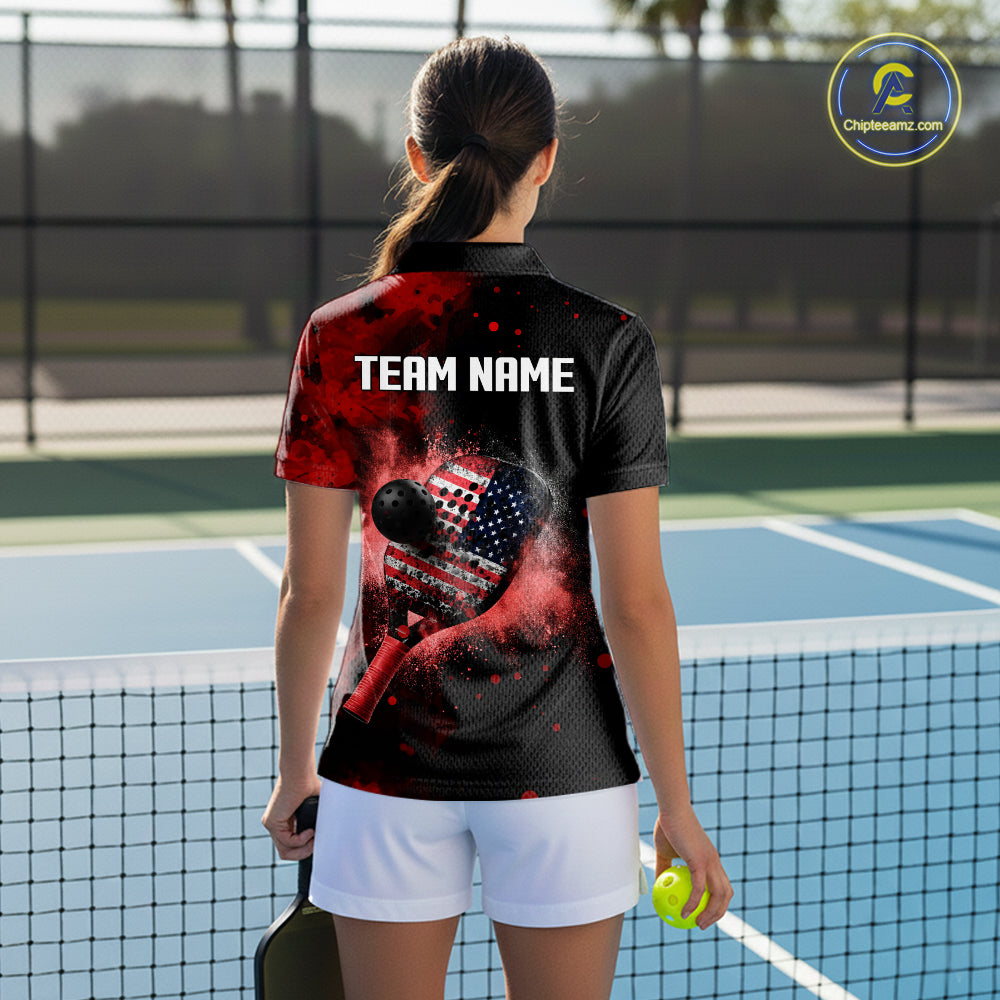Custom Black And Red Paddle & Ball Pickleball Jerseys Women US Flag Pickleball Shirts NYN2222