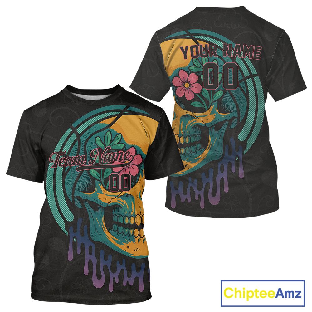 Custom Colorful Skull Flower Baseball Halloween T-Shirt For Men Outfits Baseball Shirts NYN1470