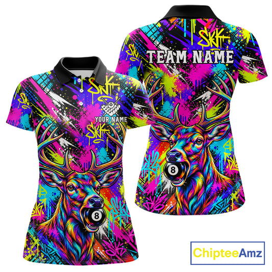 Custom Neon Graffiti Deer Funny Billiard Polo 1/4-Zip Shirt For Women Colorful 8 Ball Pool Team Jersey NYN4557