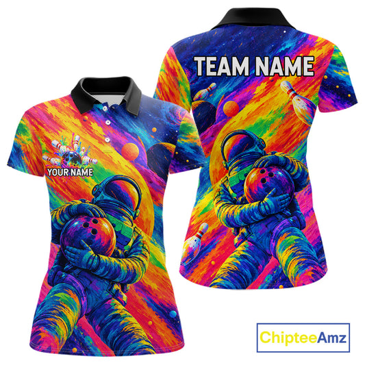 Custom Funny Astronaut Women Bowling Polo 1/4-Zip Shirt Psychedelic Galaxy Bowler Team Jersey NYN4561