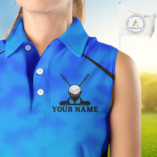 Women Blue Camo Golf Sleeveless Polo Shirt Custom Golf Team Jersey Camo Golf Short Sleeve Jersey NYN4573