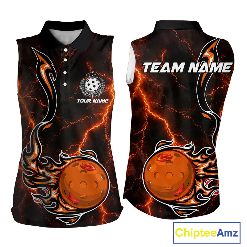 Personalized Flame Pickleball Sleeveless Polo Shirt For Women Custom Orange Thunder Pickleball Jersey Pickleball Gifts NYN4582