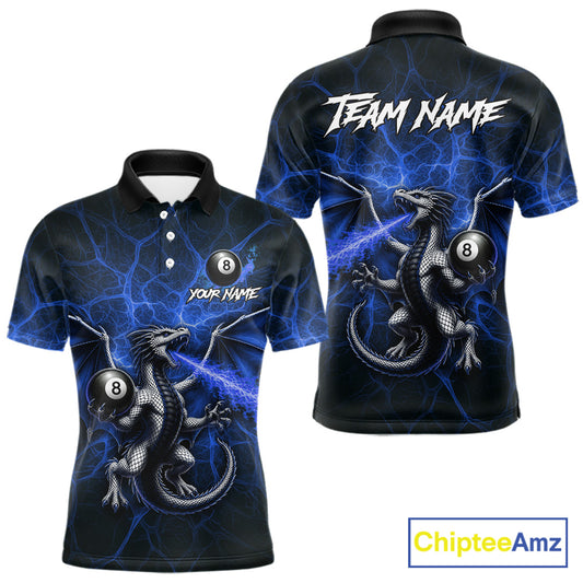 Blue flaming dragon billiard polo shirt with 8 ball design for men