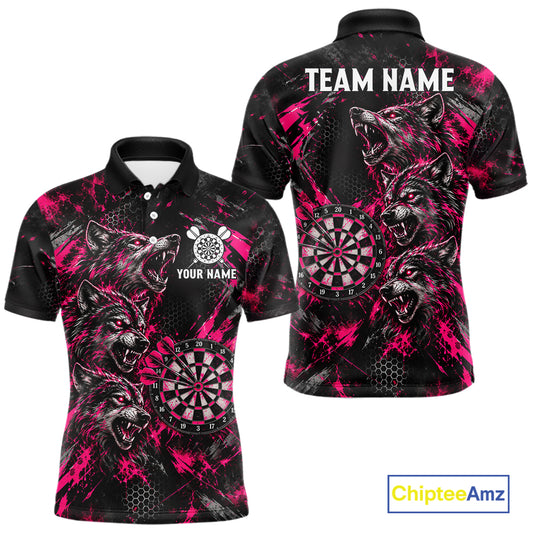 Personalized Pink Splatter Wolf Darts Polo 1/4-Zip Shirt For Men Custom Angry Wolf Darts Team Jersey NYN4605