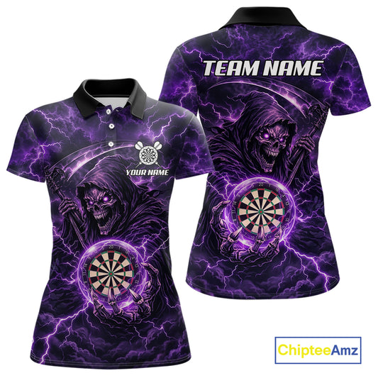 Custom Lightning Grim Reaper Women Darts Polo Quarter-Zip Shirt Purple Thunder Skull Dart Team Jerseys NYN4199