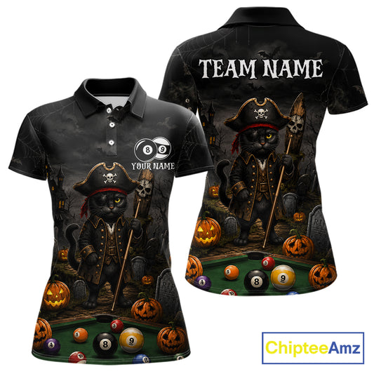 Halloween Pool Billiard Polo 1/4-Zip Shirt Custom Pirate Cat 8 & 9 Ball Jersey, Billiards Shirt For Women NYN4246