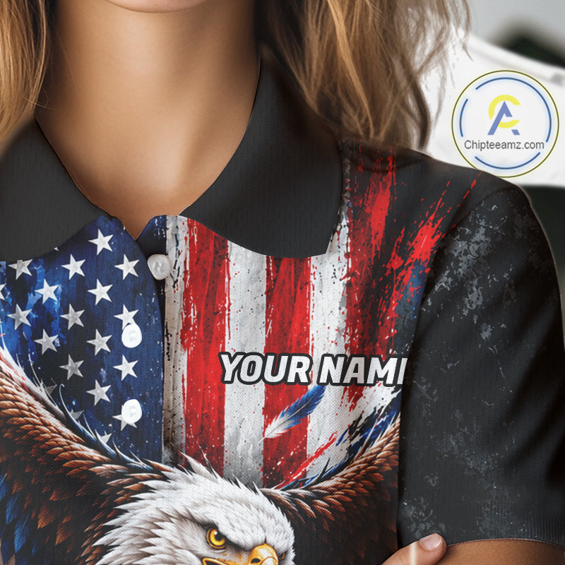Personalized Patriotic Eagle Women Golf Polo Shirt Custom Name US Flag Golfer Team Jersey NYN5032