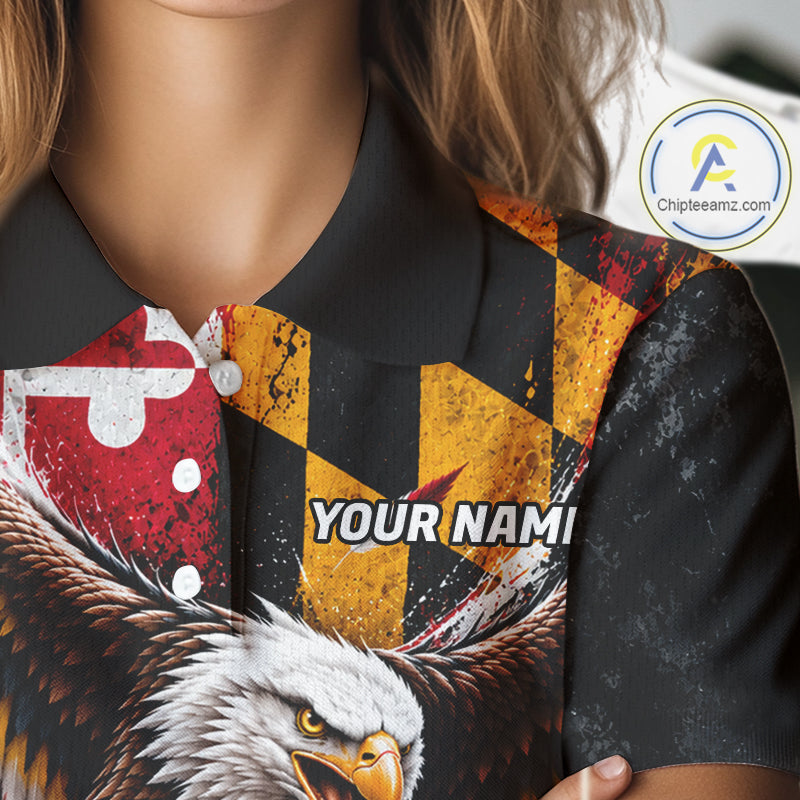Personalized Patriotic Eagle Women Golf Polo Shirt Custom Name Maryland Flag Golfer Team Jersey NYN5033