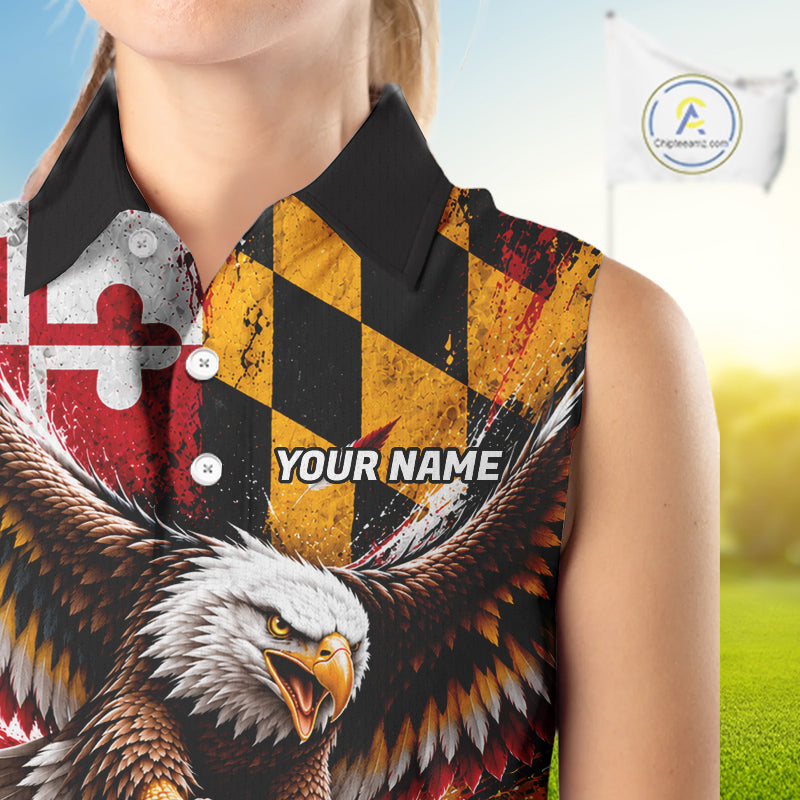 Personalized Patriotic Eagle Women Golf Sleeveless Polo Shirt Custom Name Maryland Flag Golfer Team Jersey NYN5033
