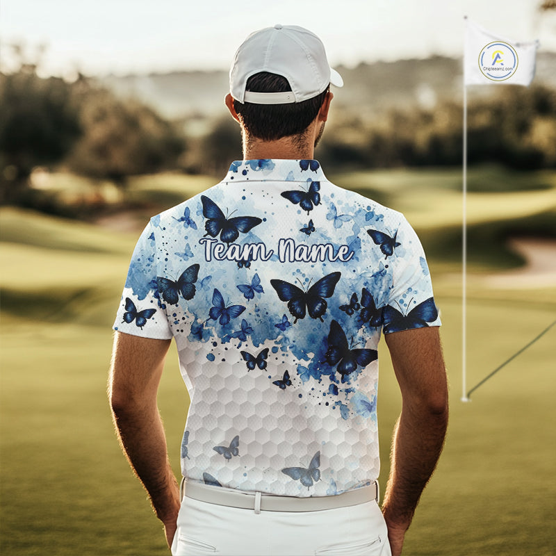 White & Blue Butterflies Mens Golf Polo Shirt Custom Watercolor Golf Shirts Golf Attire NYN3155