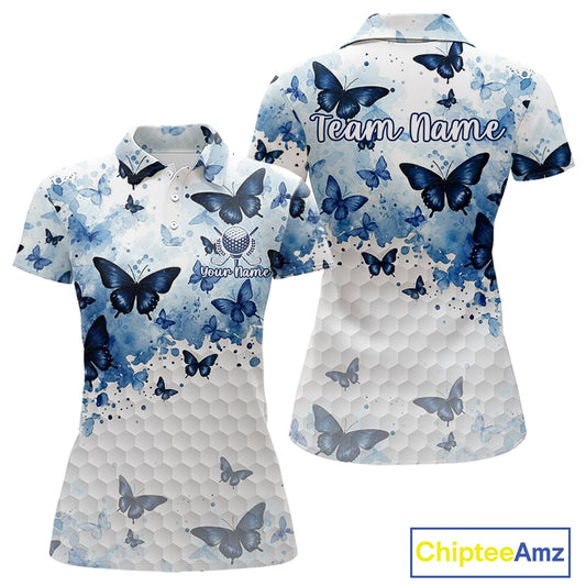 White & Blue Butterflies Womens Golf Polo Shirt Custom Watercolor Golf Shirts Golf Attire NYN3155