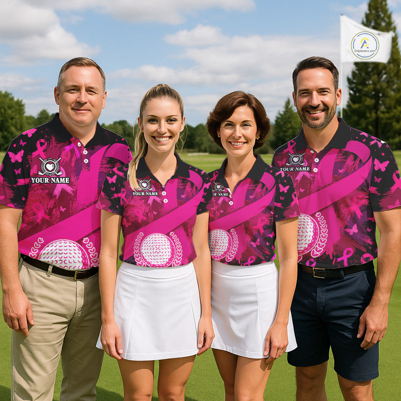 Mens Breast Cancer Golf Polo Shirt Custom Name Pink Ribbon Golf Team Golf Tournament Apparel NYN4677
