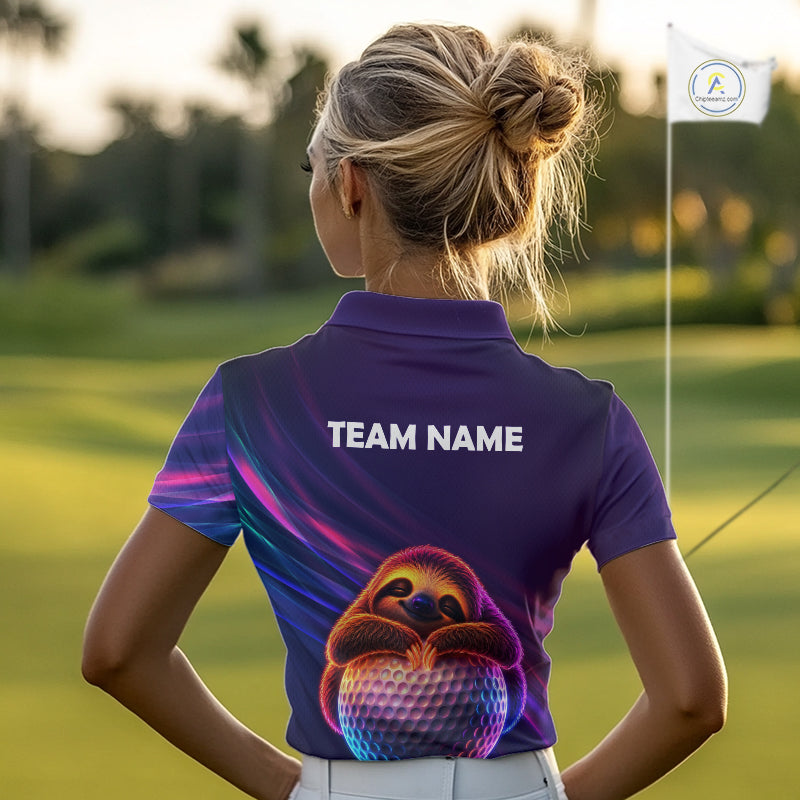 Female golfer wearing adorable sloth golf polo, unique golf apparel for ladies golf league, golf vacations and animal lovers.