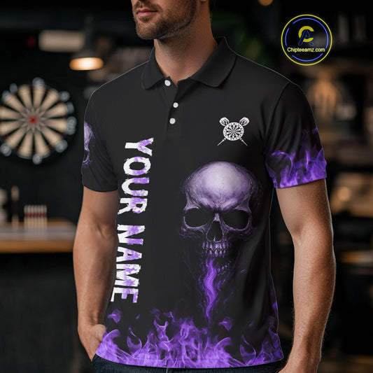 Custom Purple Fire Skull Multi-Flame Dartboard Dart Men Polo Shirts, Dart Team Jerseys NYN1554