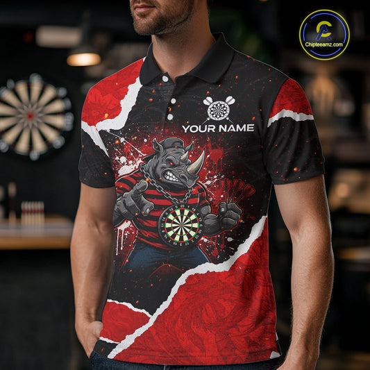 Black & Red Splatter Rhino Men Darts Polo Shirt Custom Funny Team Dart League Jerseys NYN2067
