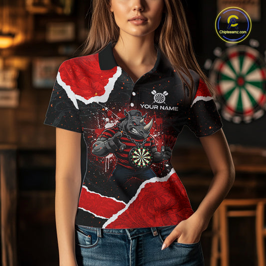 Black & Red Splatter Rhino Women Darts Polo Shirt Custom Funny Team Dart League Jerseys NYN2067