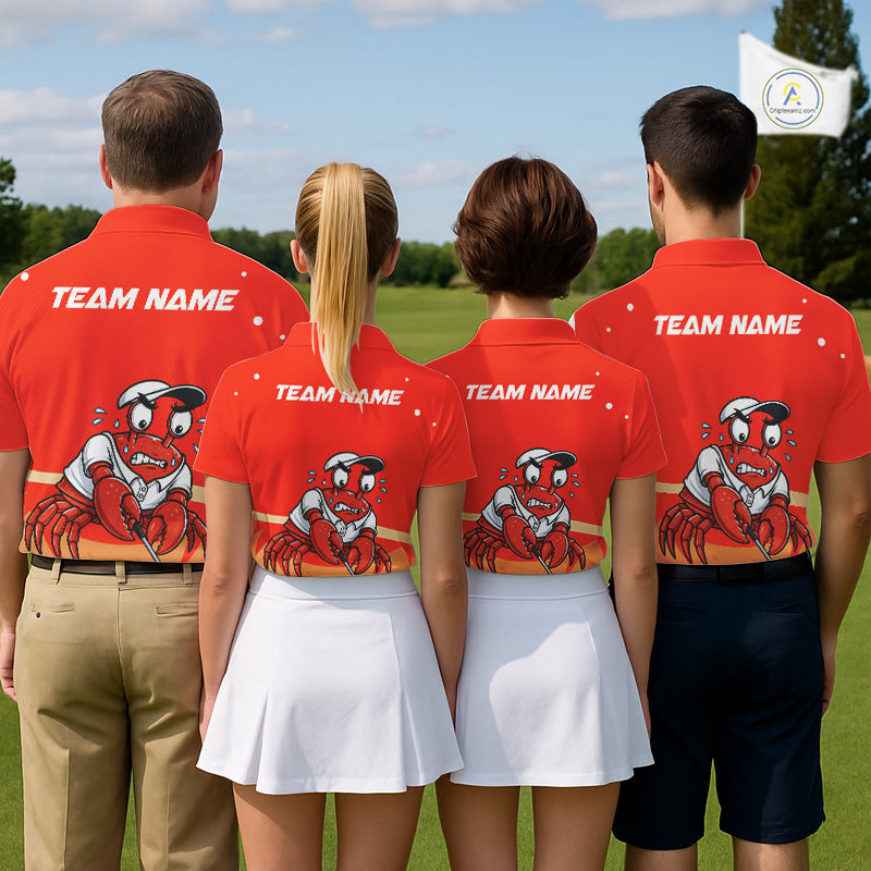 Custom Red Crab golf team polo, beach golf vacation, seafood lovers, coastal sportswear, crab symbolizes resilience, adaptability, determination, teamwork