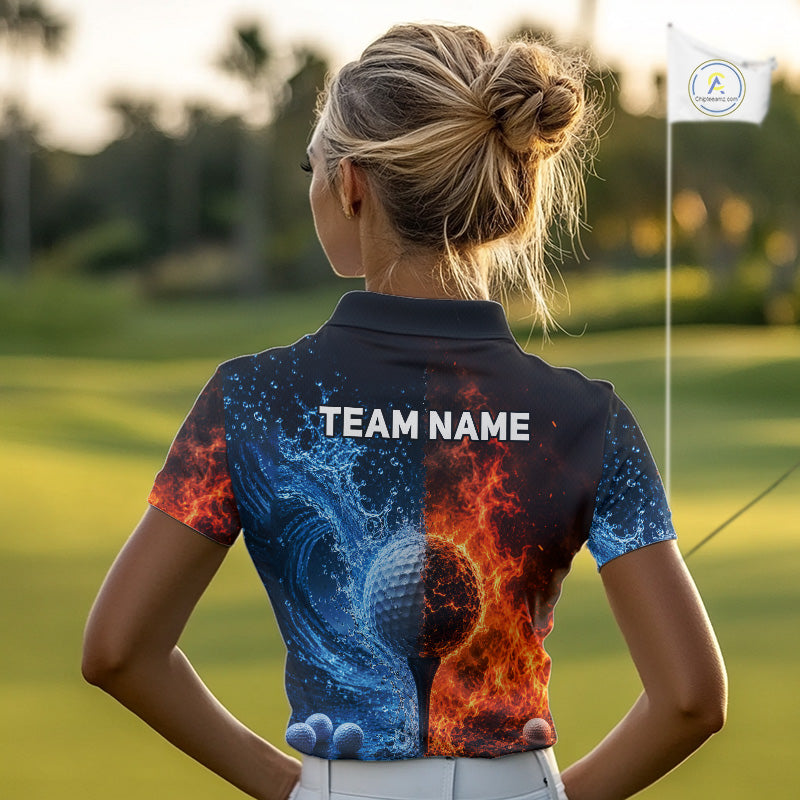 Blue Water & Red Flames Womens Golf Polo Shirt Custom Golf Clothing Golf Team Outfits NYN3390