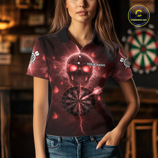 Custom Red Skull Butterflies Lightning Dartboard Women Darts Polo Shirt, Dart Jerseys NYN1843