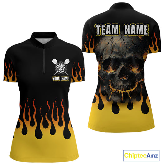 Custom Yellow Fire Flame Cracked Skull Dart Polo & 1/4 Zip Shirts For Women Dart Team Jerseys NYN0068