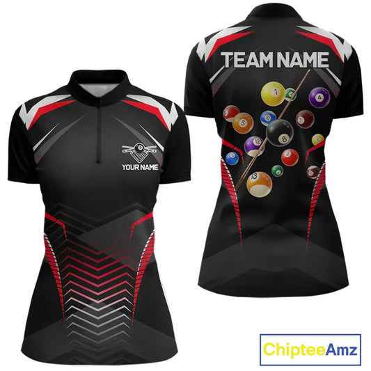 Black & Red Ball Pool Team Shirts Women's Billiard Polo & 1/4-Zip Personalized Billiard Gifts NYN2396