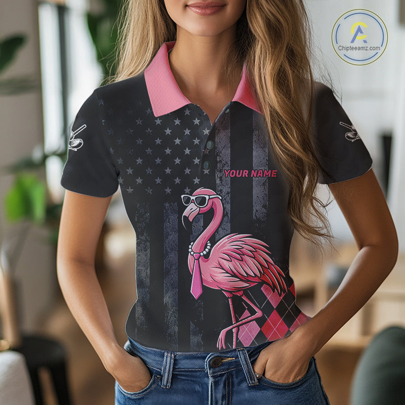 Custom Black Patriotic Golf Polo Shirts For Women, Funny Flamingo Best Golf Clothing Shirts NYN2995
